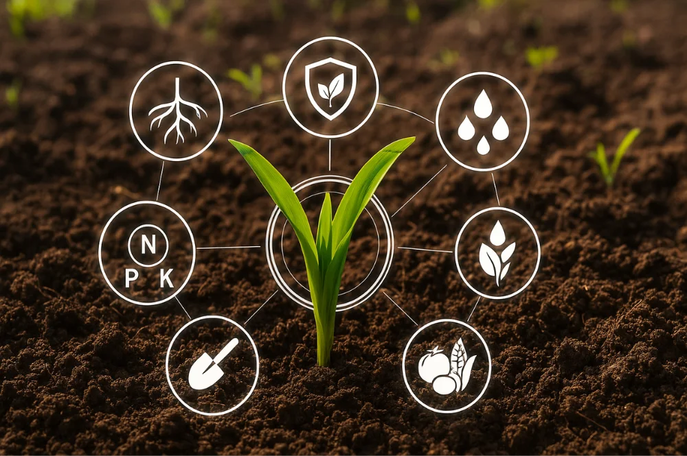Gros plan sur l'application foliaire de biostimulants pour renforcer la résistance à la sécheresse d'une culture maraîchère.